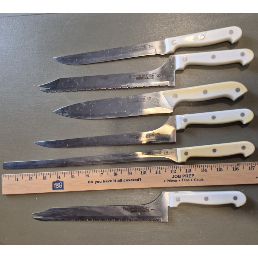 6 Ronco Showtime Six Star Stainless Steel Knives #1-2-3-5-6-7 EUC Made In USA
